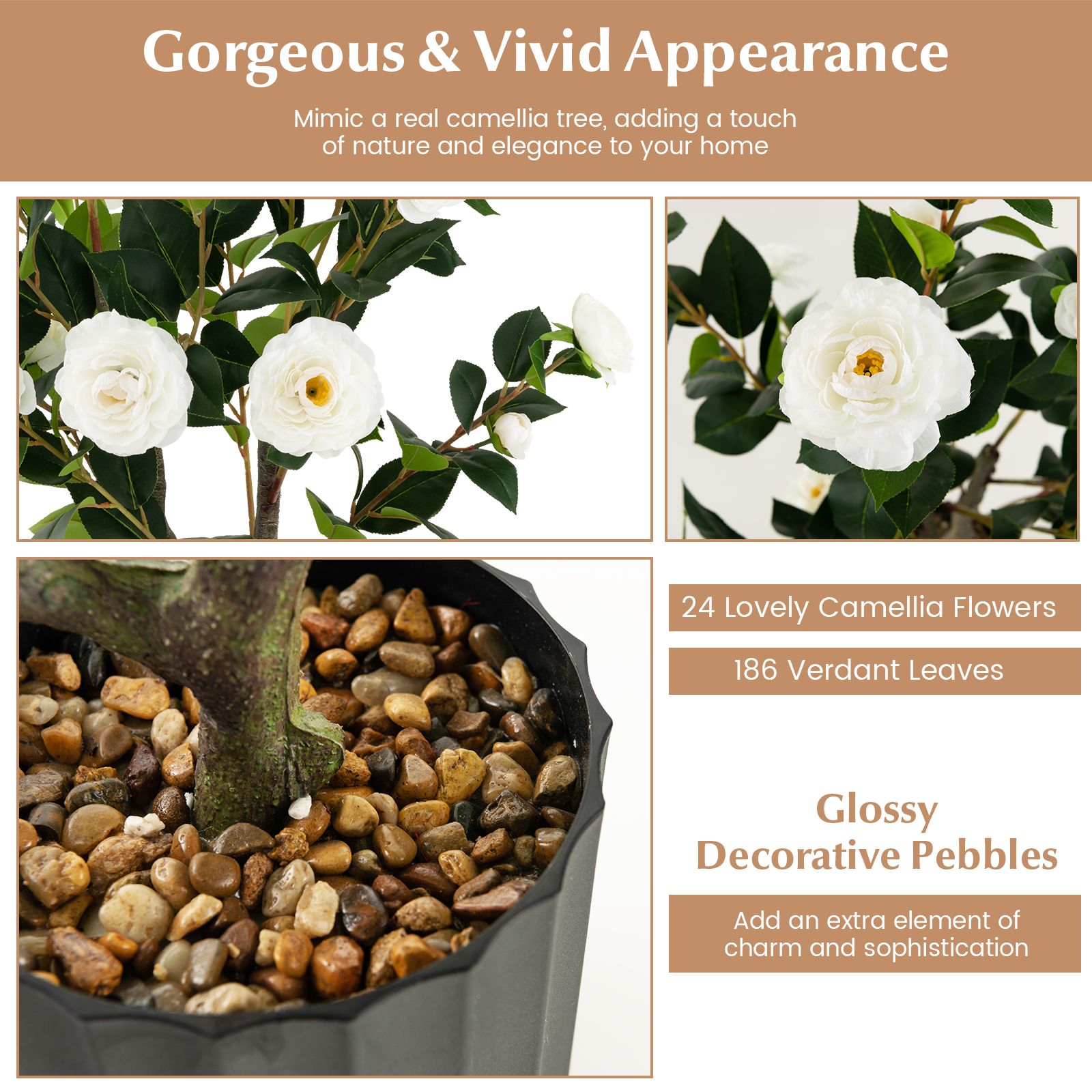 95cm Artificial Camellia Tree with Flowers and Rain-Flower Pebbles White 1-Pack